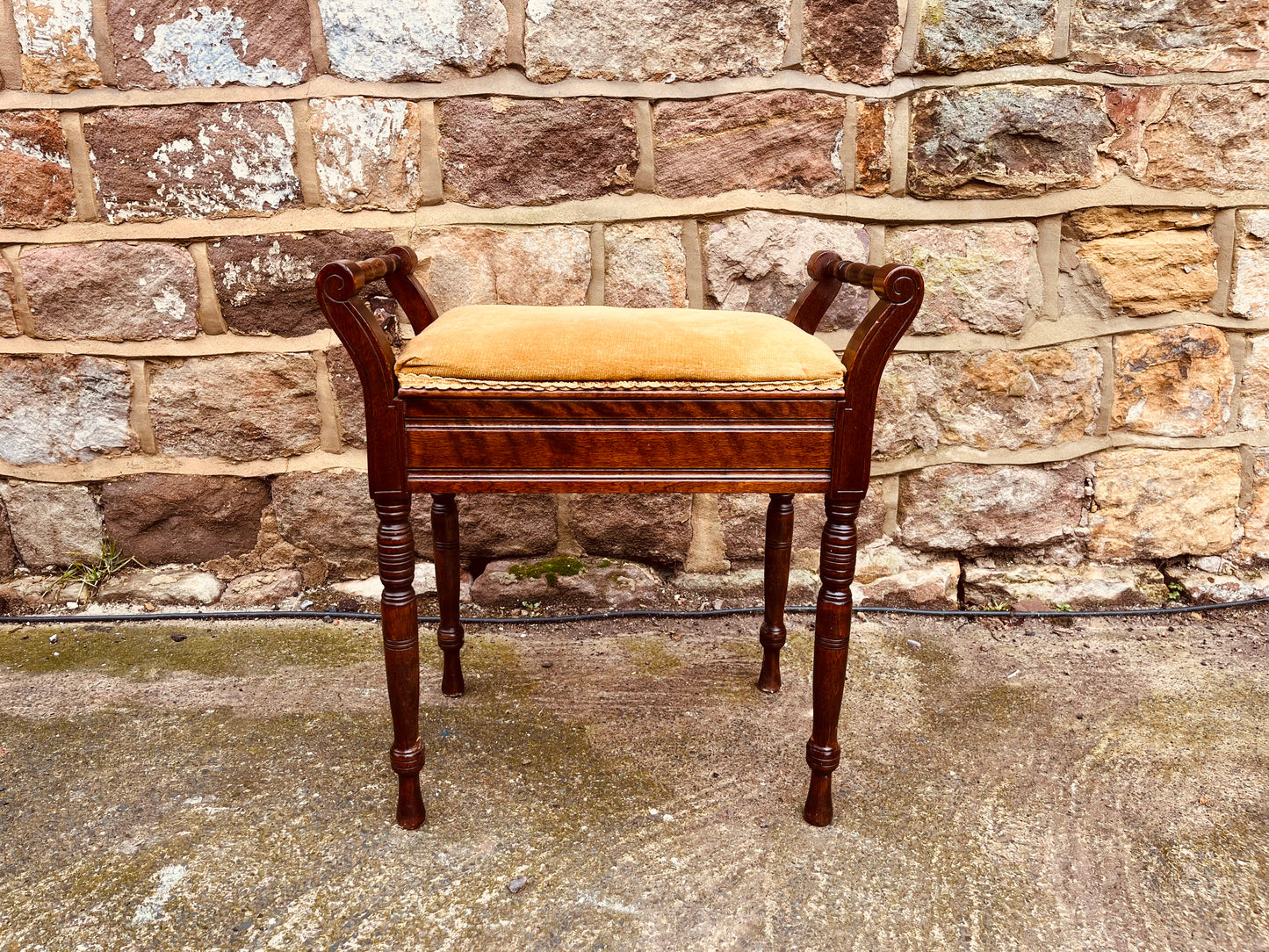 Antique-Style Mahogany Duet Stool with Upholstered Seat