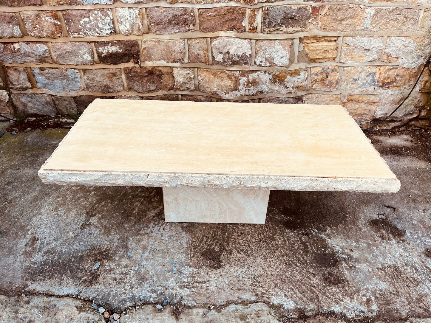 Raw Edge Travertine Stone Coffee Table – Solid Slab Minimalist Brutalist Design