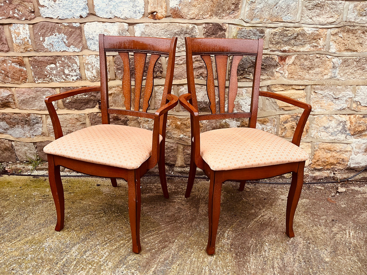 Pair of Vintage Dining Armchairs – Upholstered Farmhouse Chairs – Solid Wood