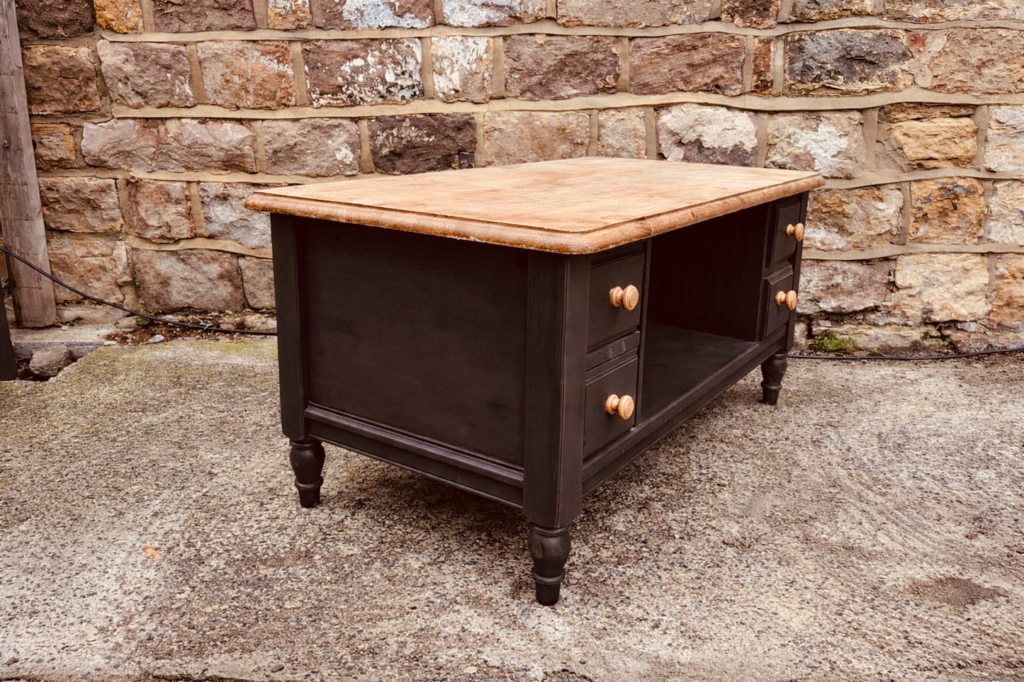 Double-Sided Solid Wood Coffee Table with 8 Drawers | Hand-Painted Deep Blue