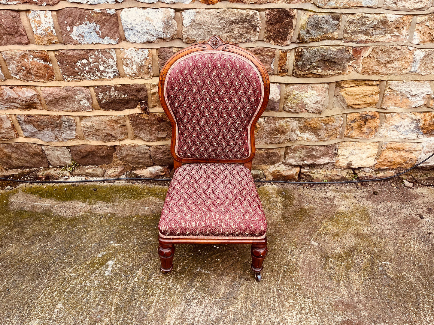 Antique Victorian Walnut Nursing Chair c.1880–1900 – Upholstered Balloon Back Slipper Chair with Castors