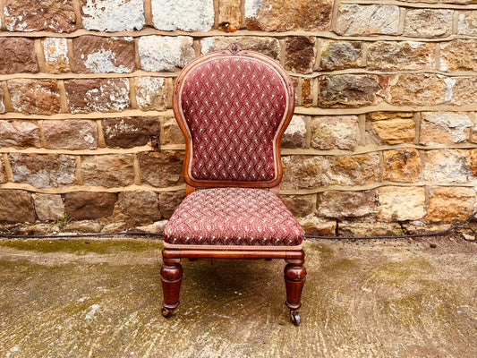 Antique Victorian Walnut Nursing Chair c.1880–1900 – Upholstered Balloon Back Slipper Chair with Castors