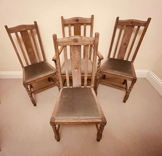 Set of 4 Vintage Oak Dining Chairs – Barley Twist Legs, Carved Backs and Padded Seats (c.1930–1945)