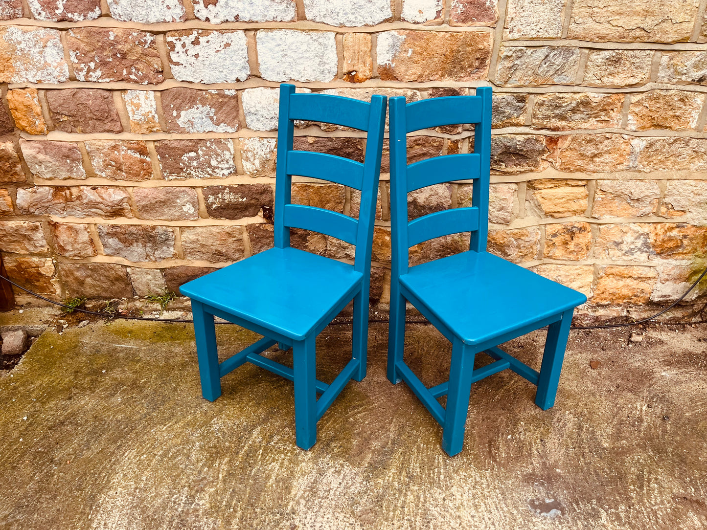 Handmade Teal Painted Wooden Chairs (Pair) – Rustic Farmhouse Ladder Back Seating
