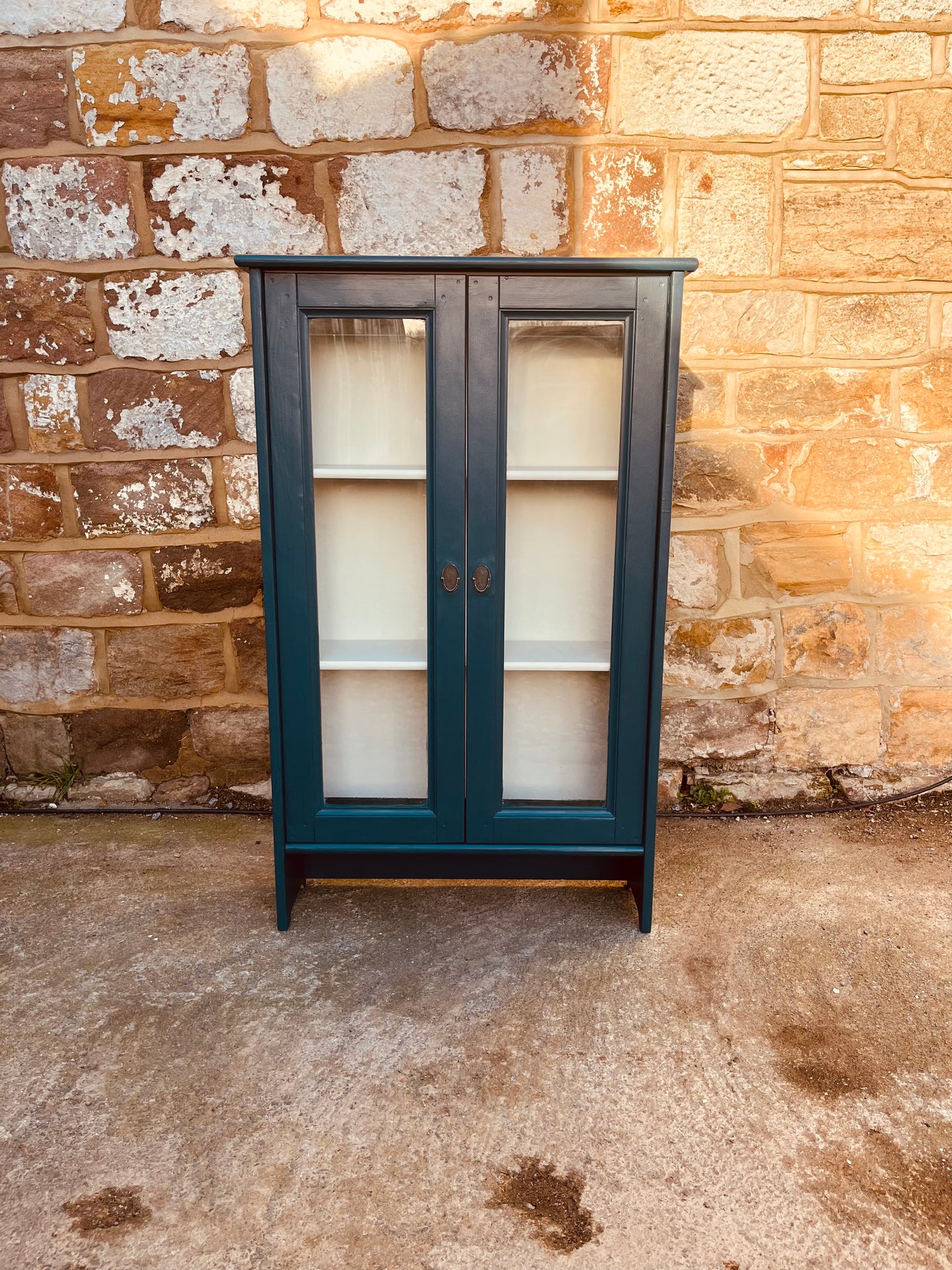 Hand-Painted Vintage Glazed Display Cabinet in Deep Blue