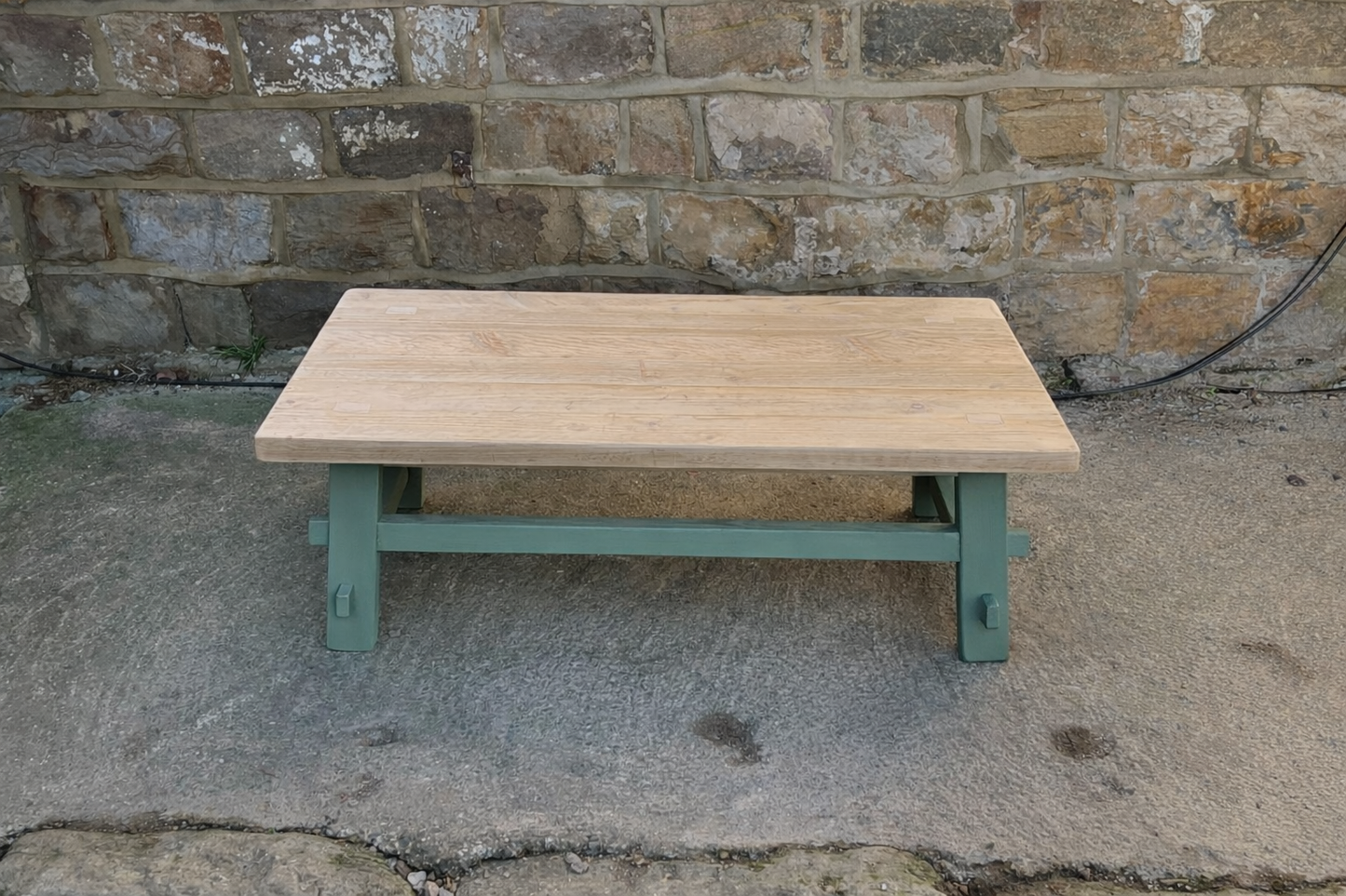 Handcrafted Solid Wood Farmhouse Coffee Table – Natural Top & Heritage Green Base