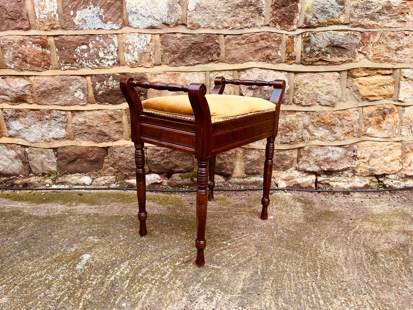 Antique-Style Mahogany Duet Stool with Upholstered Seat