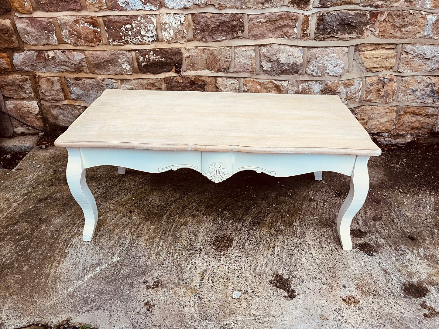 Rare French Farmhouse Coffee Table – Hand-Finished with Limed Wood Top