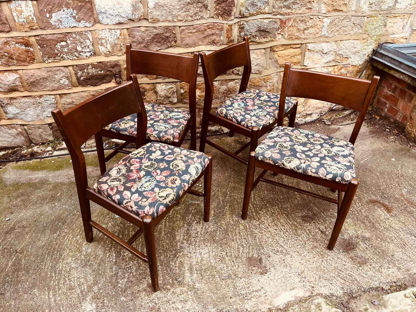Set of Four Vintage Wooden Dining Chairs with Upholstered Seats