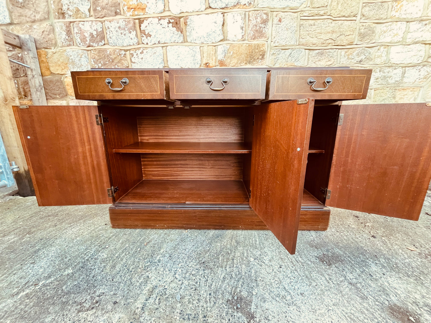 Vintage Mahogany Sideboard with Inlaid Detailing – 3 Drawer, 3 Door Cabinet
