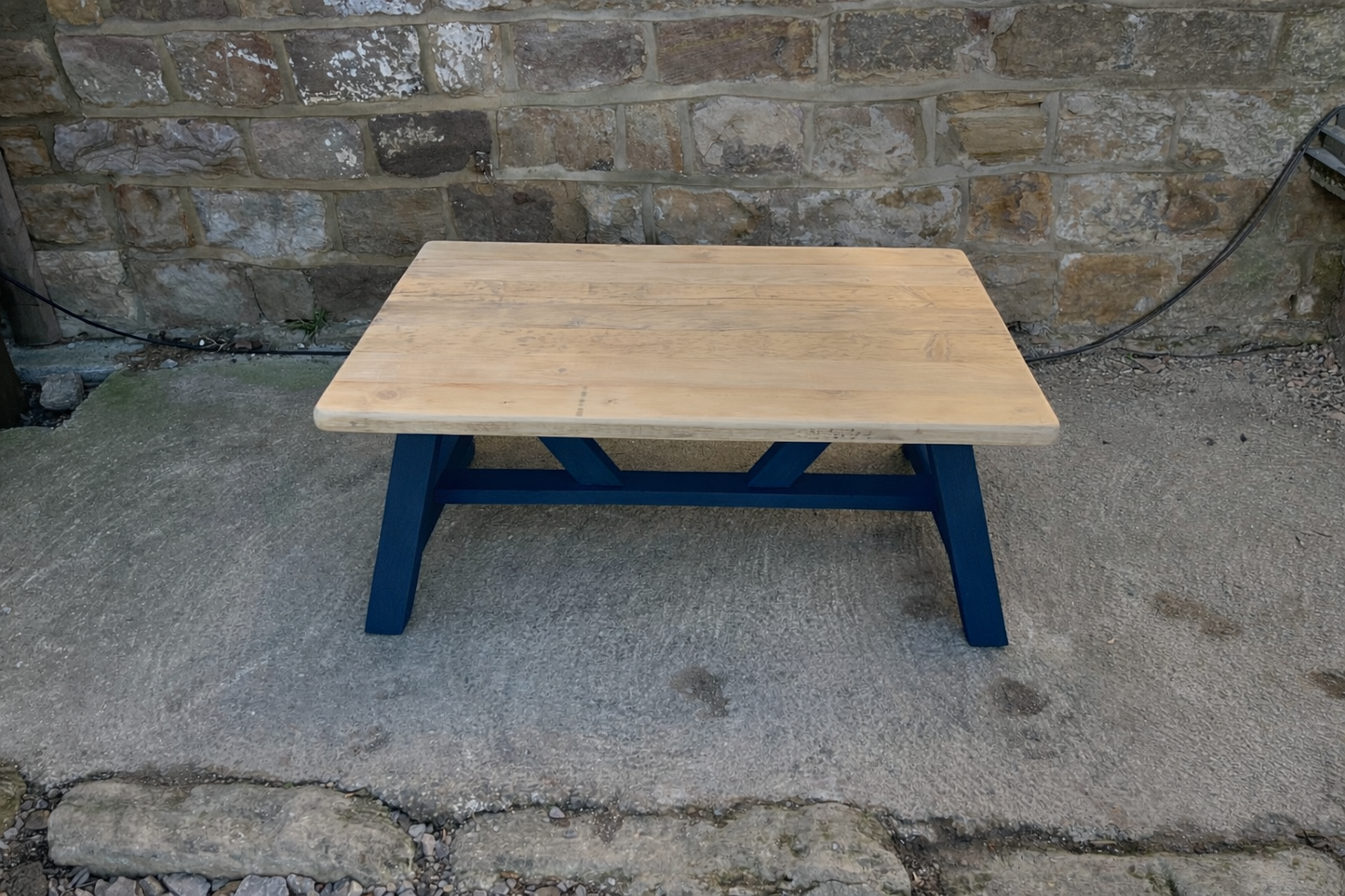 Handcrafted Solid Wood Farmhouse Coffee Table – Natural Top & Navy Blue Base