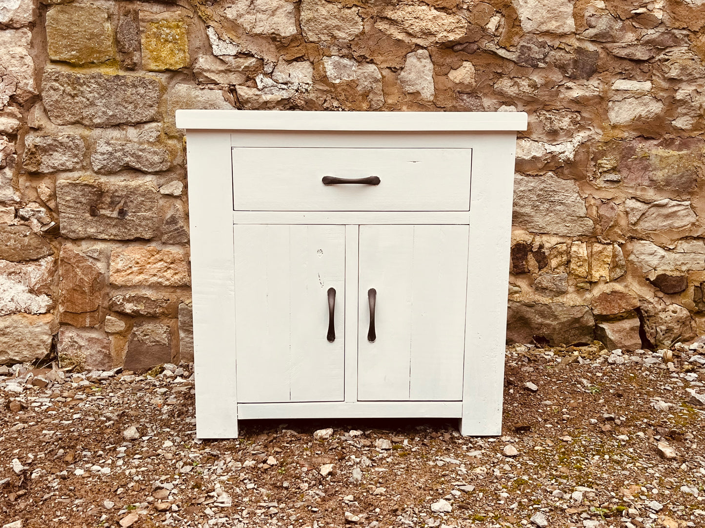 Rustic Cream Painted Solid Wood Cabinet – Farmhouse Cupboard with Drawer