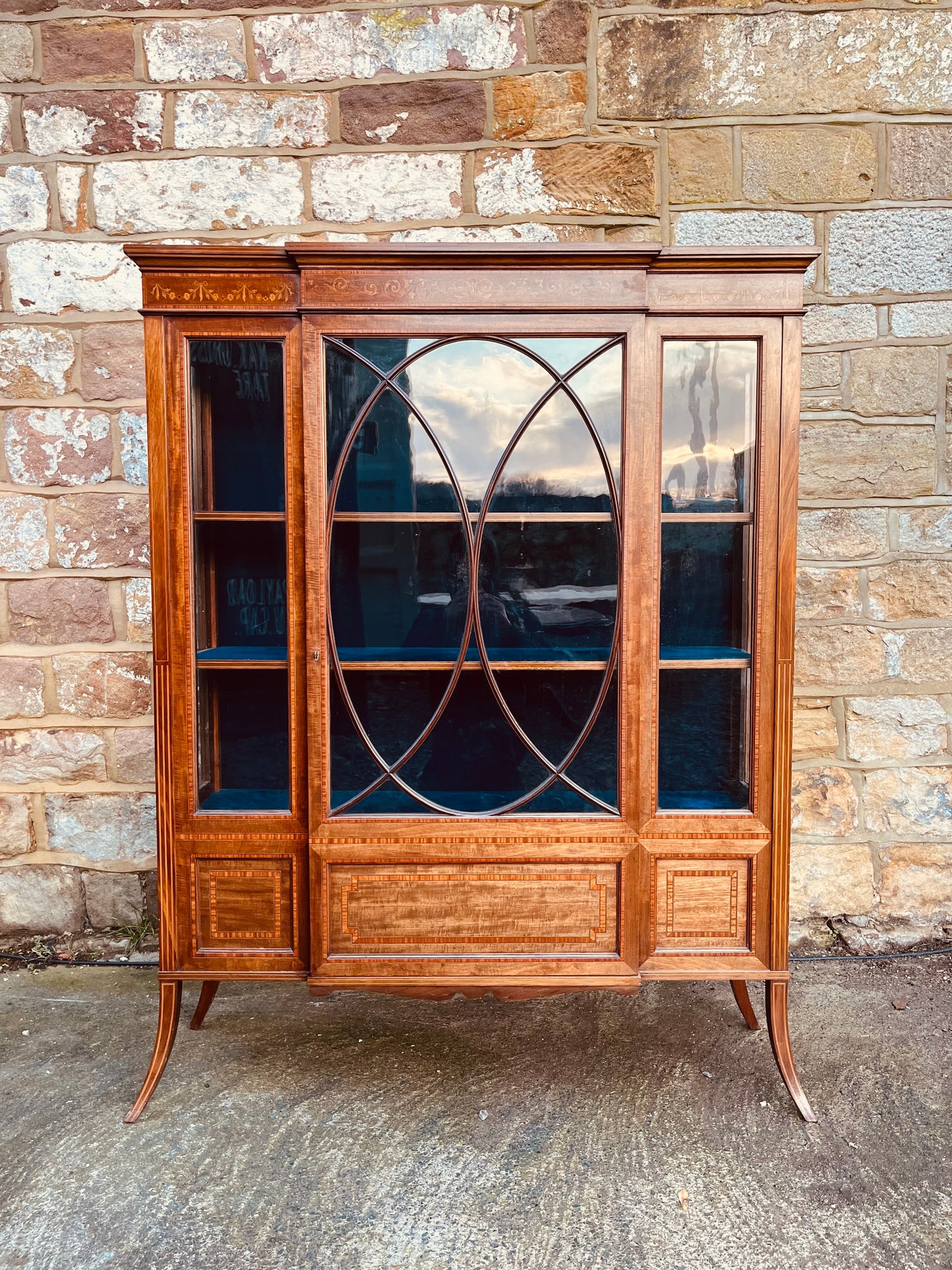 Edwardian Inlaid Display Cabinet with Astragal Glazed Door & Velvet Interior – Antique Marquetry Curio Cabinet