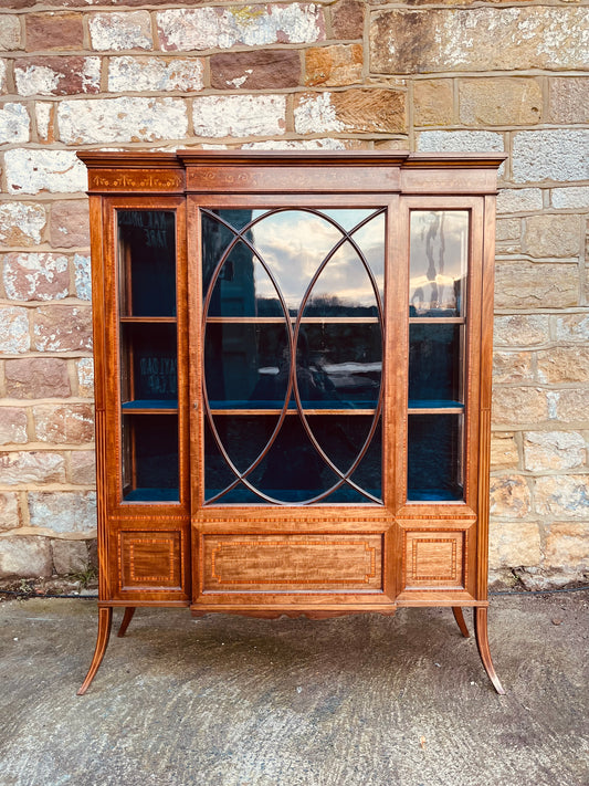 Edwardian Inlaid Display Cabinet with Astragal Glazed Door & Velvet Interior – Antique Marquetry Curio Cabinet
