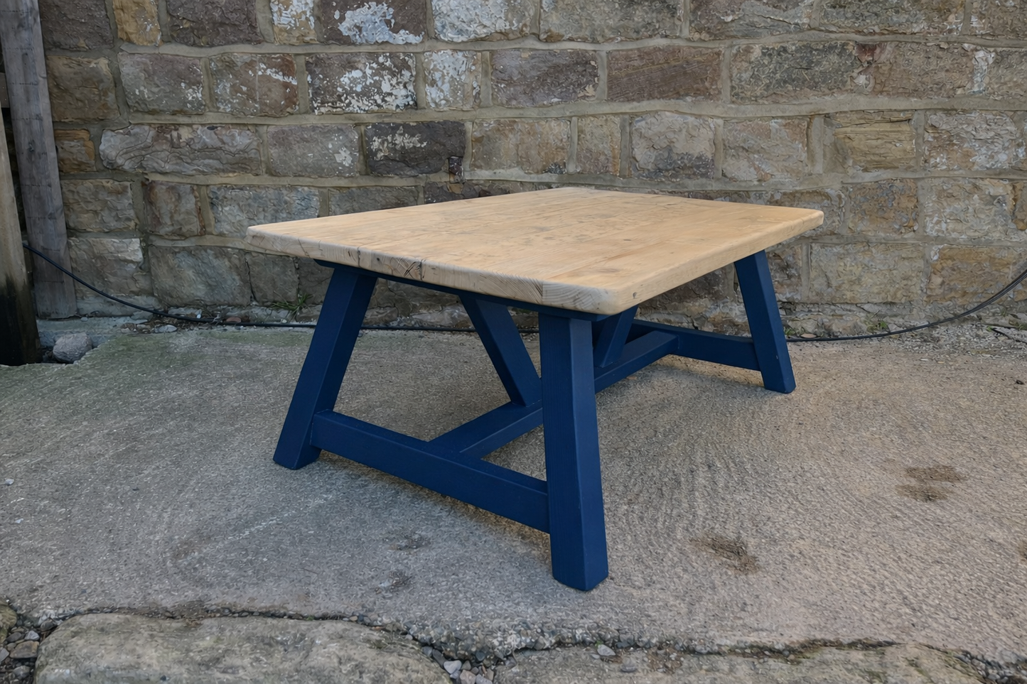 Handcrafted Solid Wood Farmhouse Coffee Table – Natural Top & Navy Blue Base