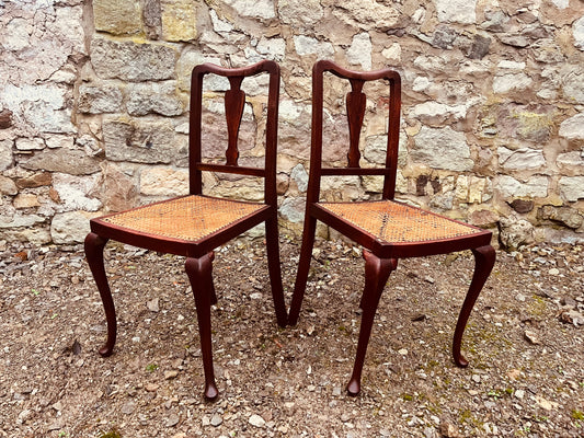 Vintage Pair of Cane Seat Chairs – Carved Back Early 20th Century Seating