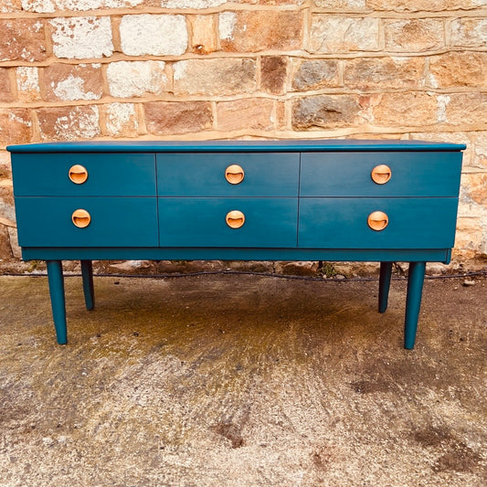 Restored Mid-Century Blue Sideboard – 6 Drawer Dresser