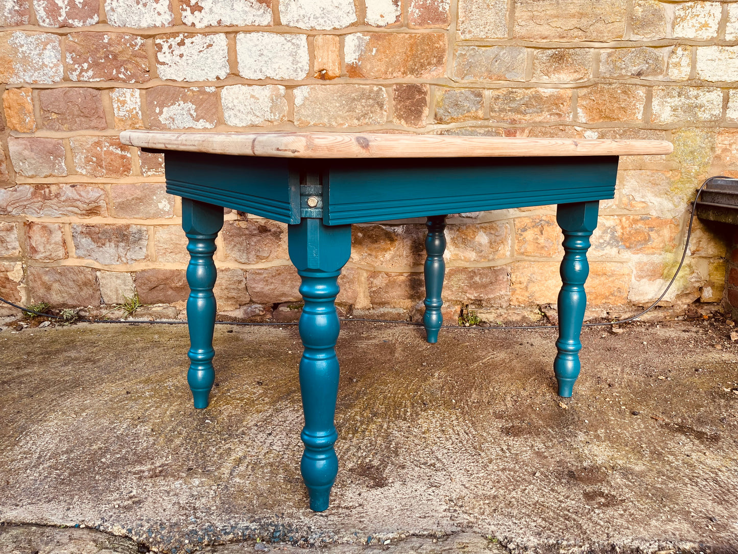 Vintage Pine Table – Refinished Top & Teal Turned Legs