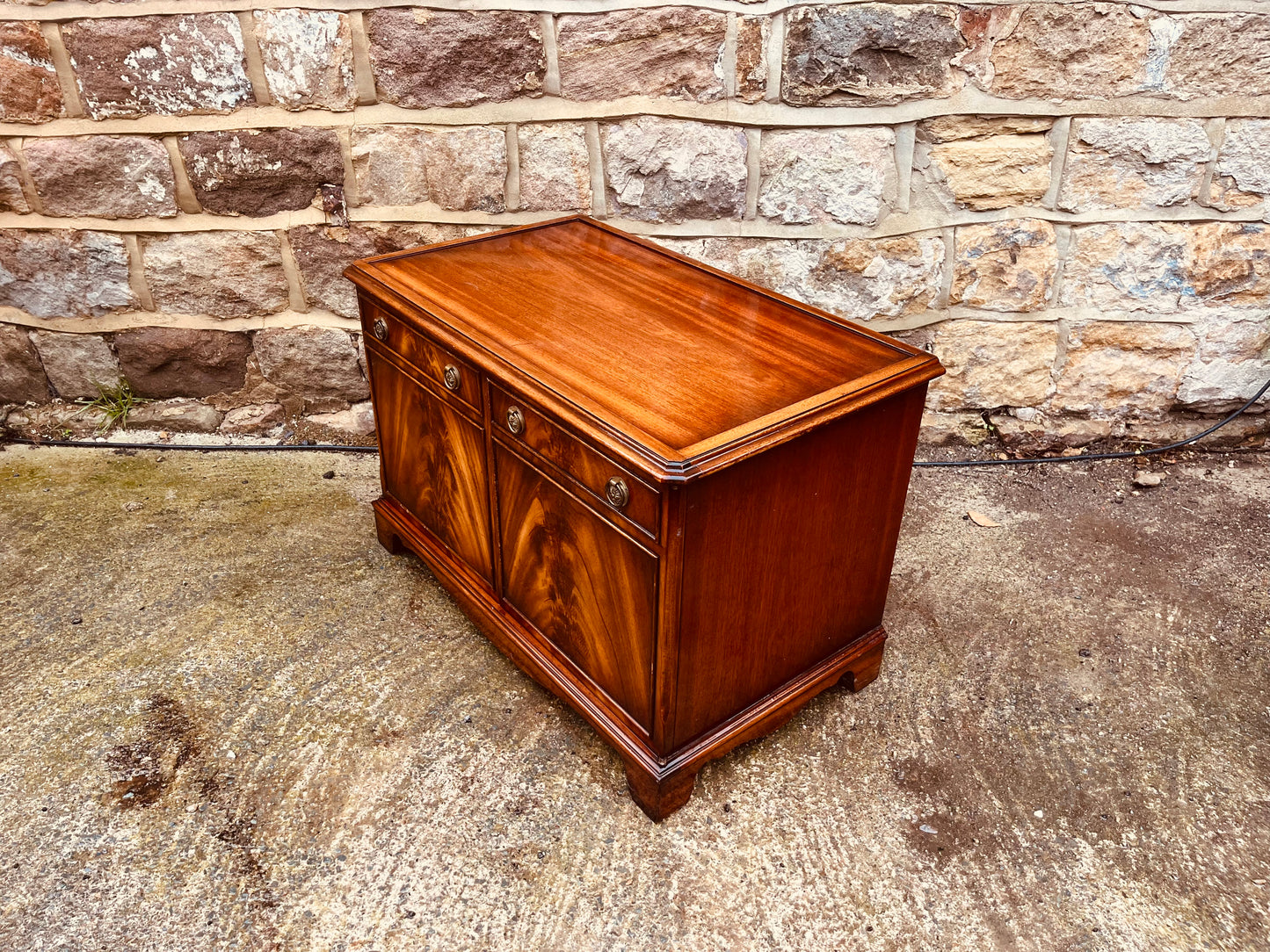 Mahogany Vintage Storage Cabinet – Flame Veneer & Brass Knobs