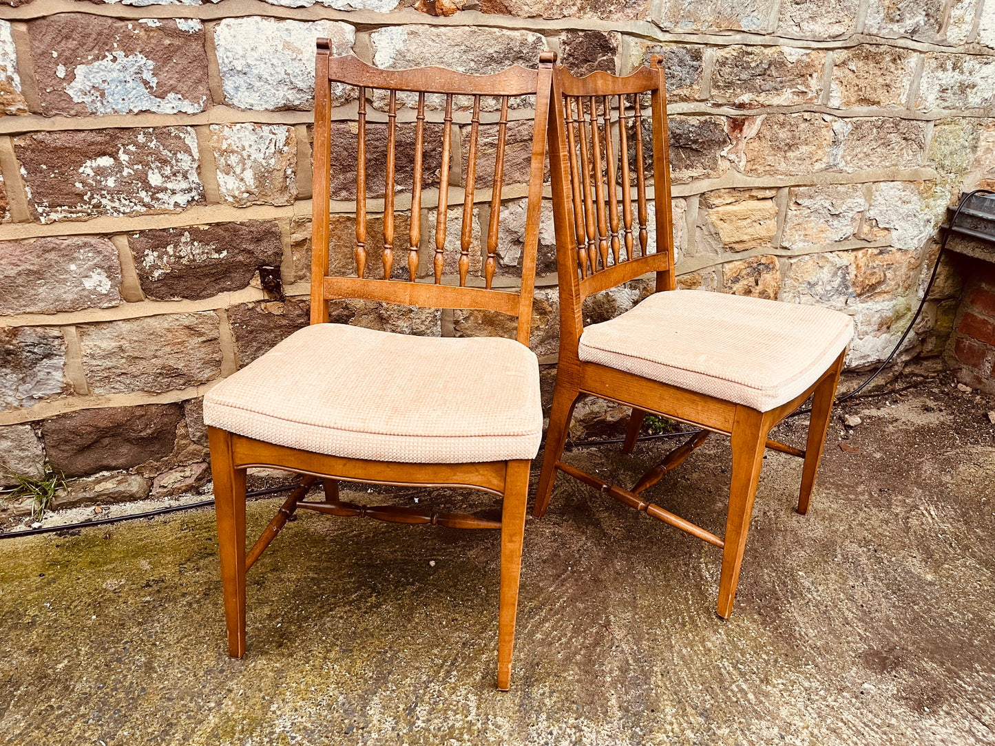 Pair of Vintage Spindle-Back Dining Chairs – Upholstered Seats – Solid Wood Farmhouse Style