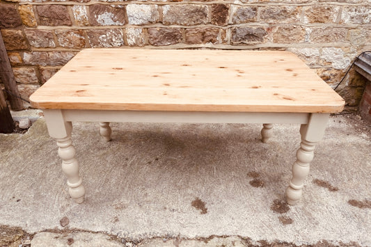 Handcrafted Farmhouse Dining Table with Sanded Solid Wood Top and Neutral Painted Base