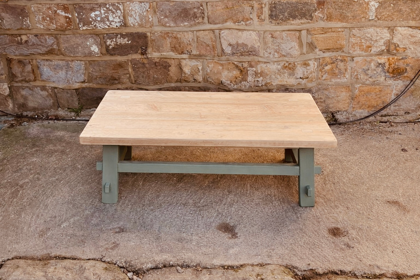 Handcrafted Solid Wood Farmhouse Coffee Table – Natural Top & Heritage Green Base