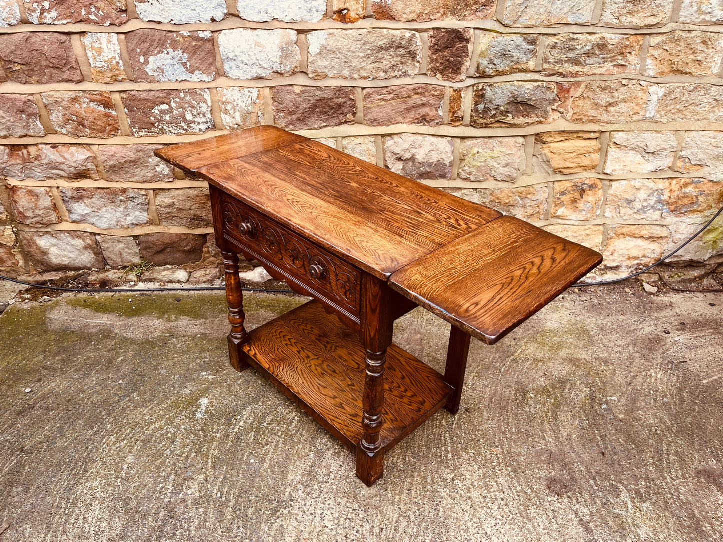 Vintage Solid Oak Drop-Leaf Side Table with Carved Detail & Lower Shelf