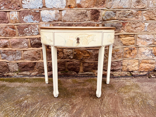Chinese Lacquer Demi Lune Console Table – Hand Painted Cream Oriental Hall Table