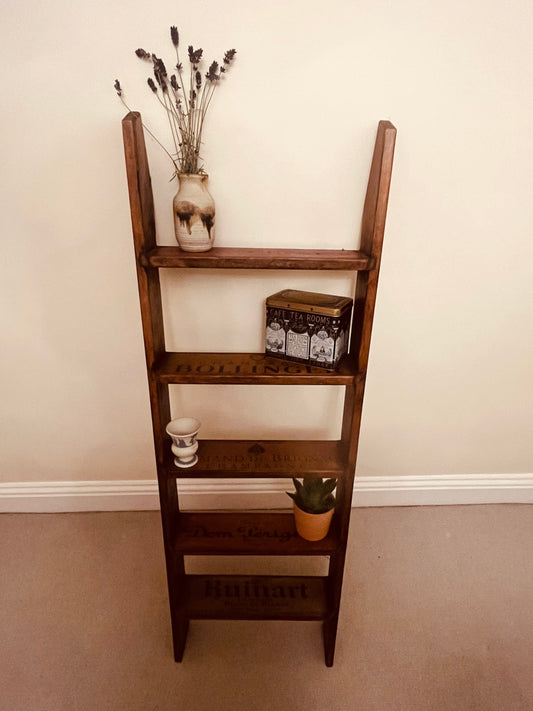 Extremely Rare Champagne Crate Ladder Shelf – Handcrafted Wooden Display with Veuve Clicquot, Dom Pérignon, Bollinger, Armand de Brignac & Ruinart Branding