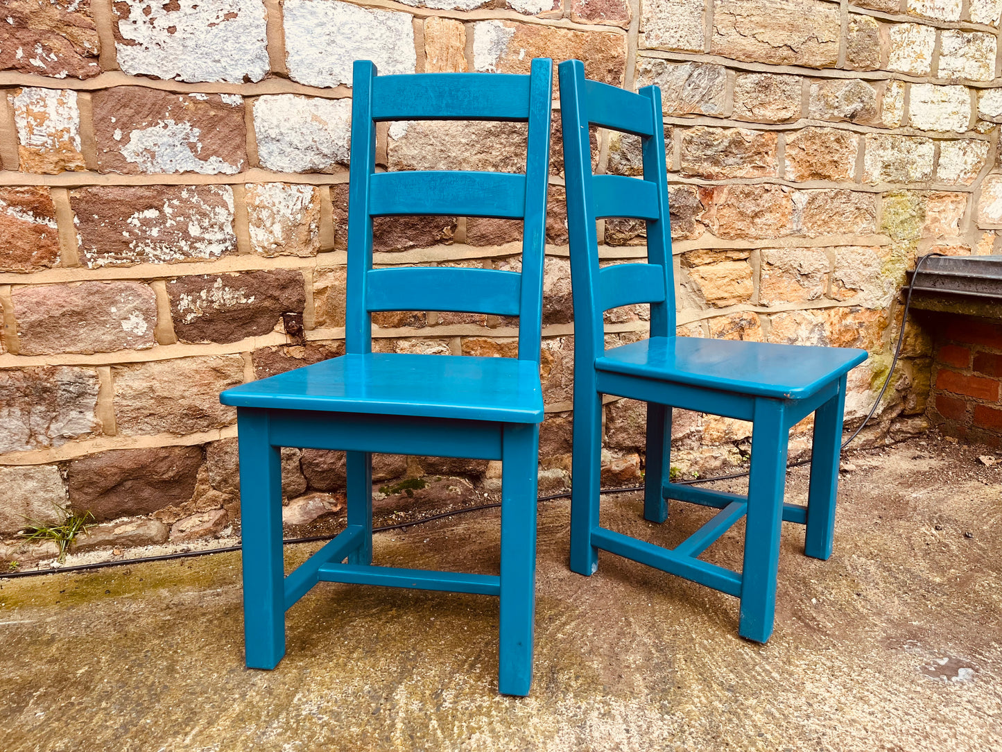 Handmade Teal Painted Wooden Chairs (Pair) – Rustic Farmhouse Ladder Back Seating