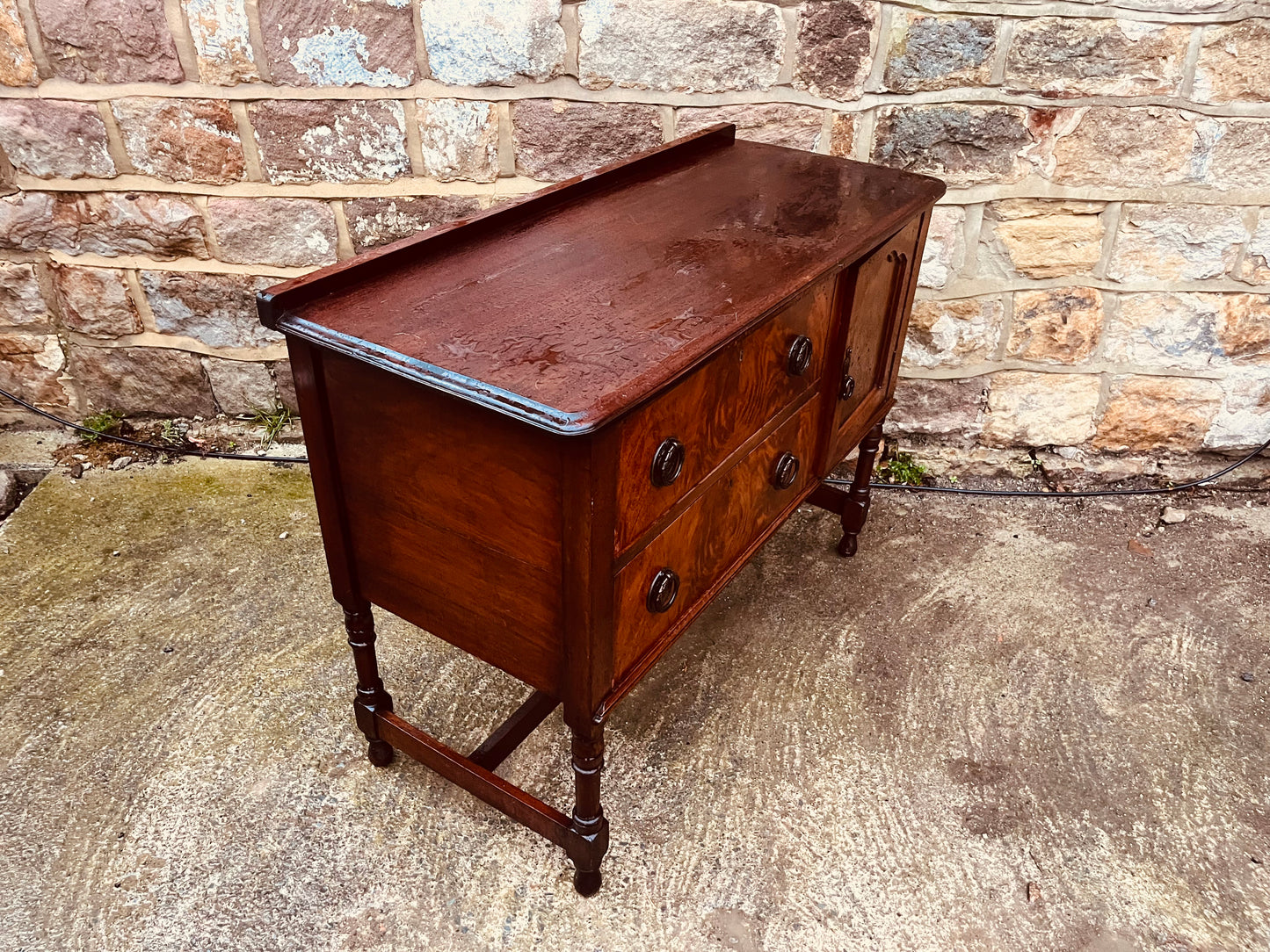 Vintage Mahogany Sideboard with Burr Veneer Drawers & Cupboard – Solid Wood Storage Cabinet
