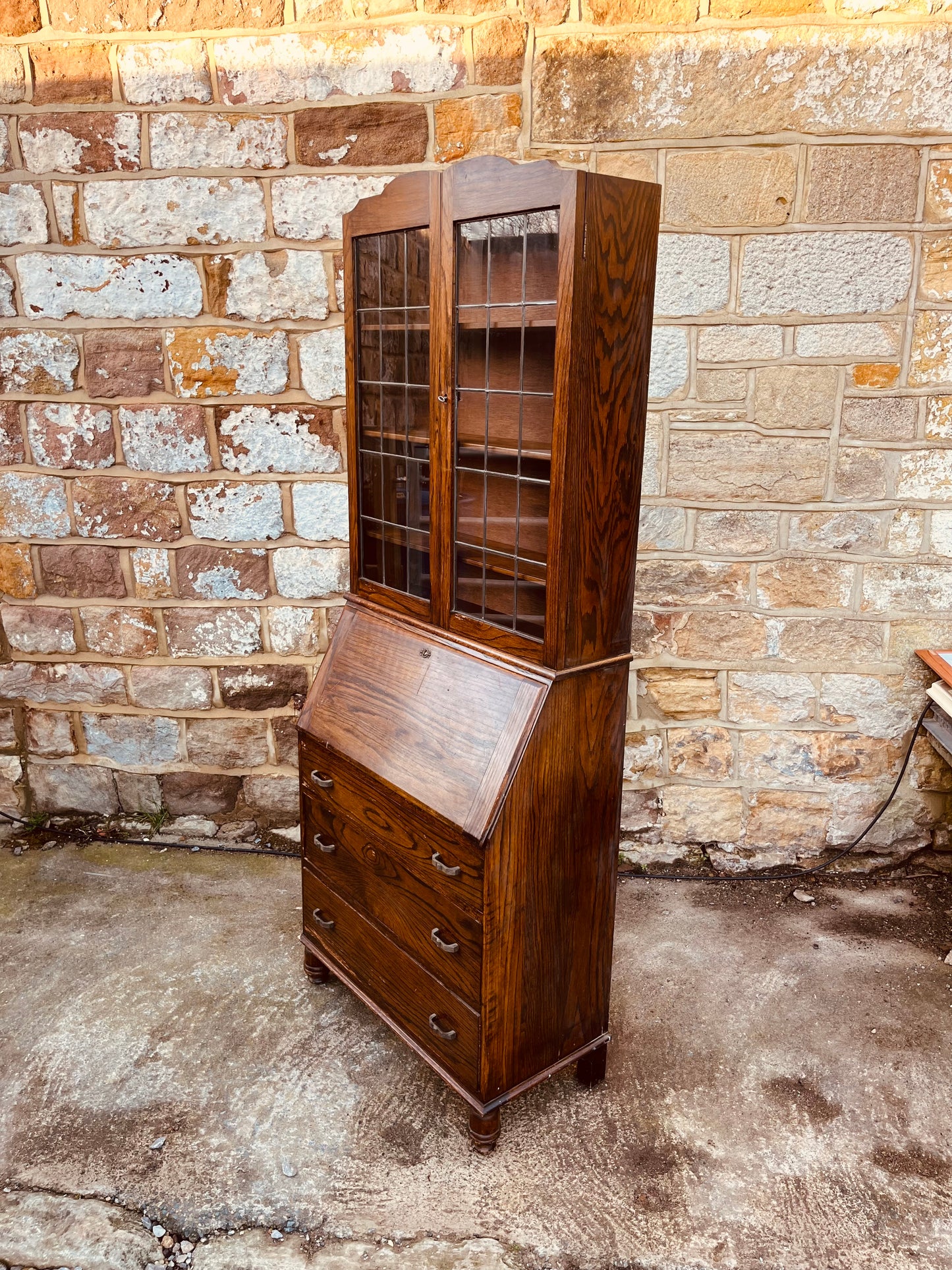 Vintage Bureau Bookcase with Glazed Cabinet – Rustic Cottage Writing Desk