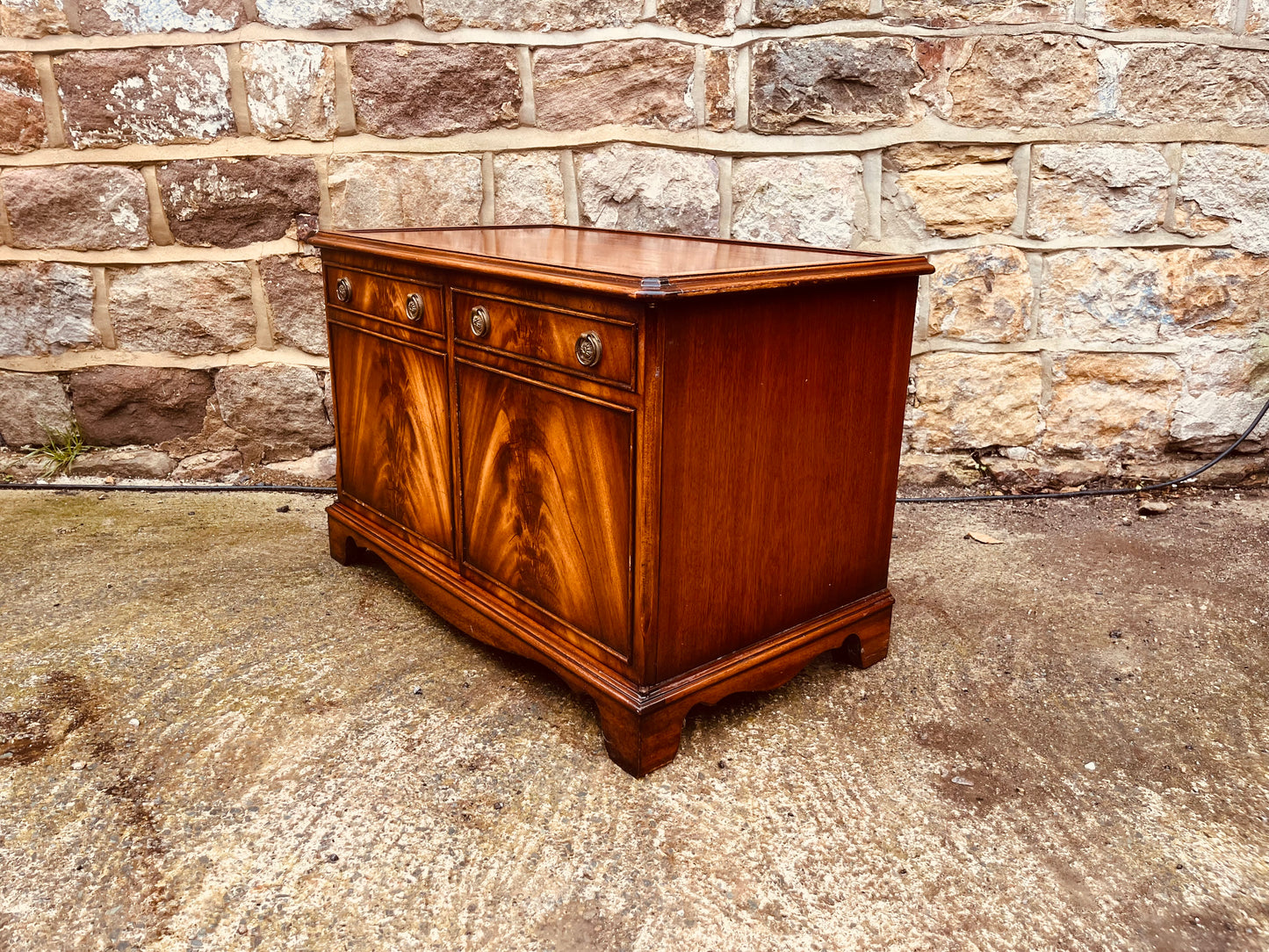 Mahogany Vintage Storage Cabinet – Flame Veneer & Brass Knobs