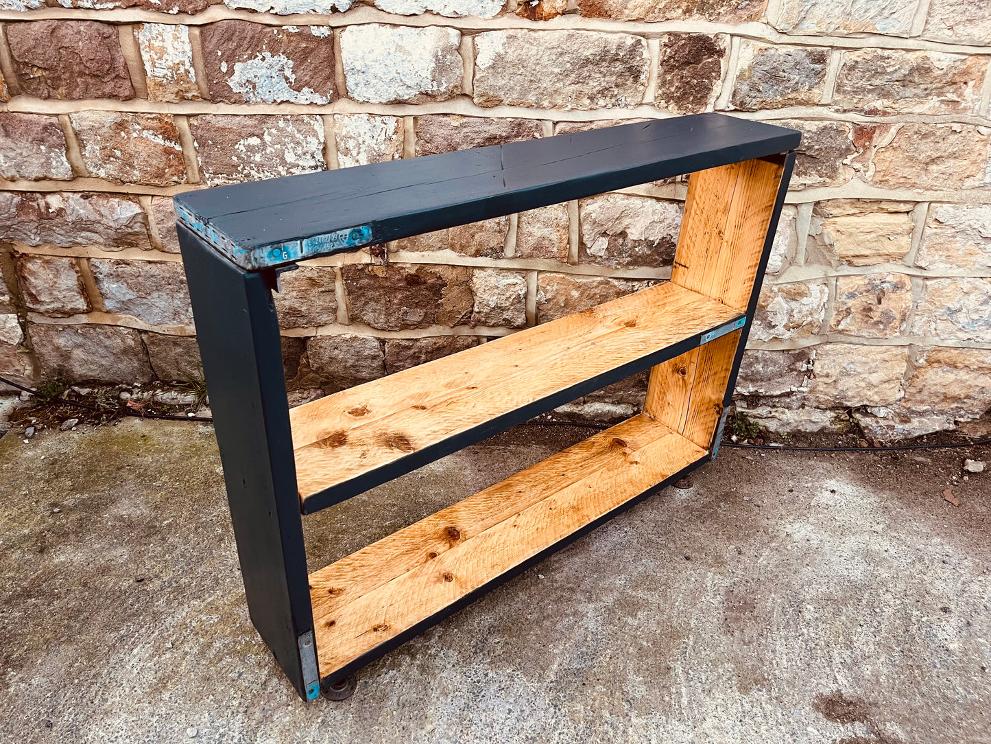 Deep Blue Farmhouse Shelving Unit – Reclaimed Wood Console Table (100cm)