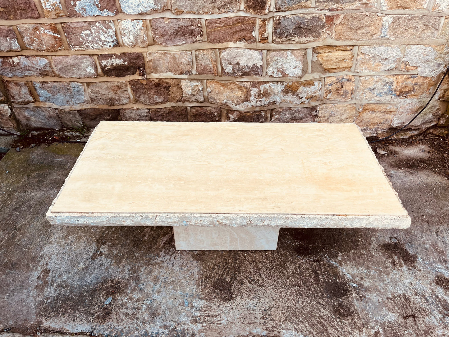 Raw Edge Travertine Stone Coffee Table – Solid Slab Minimalist Brutalist Design