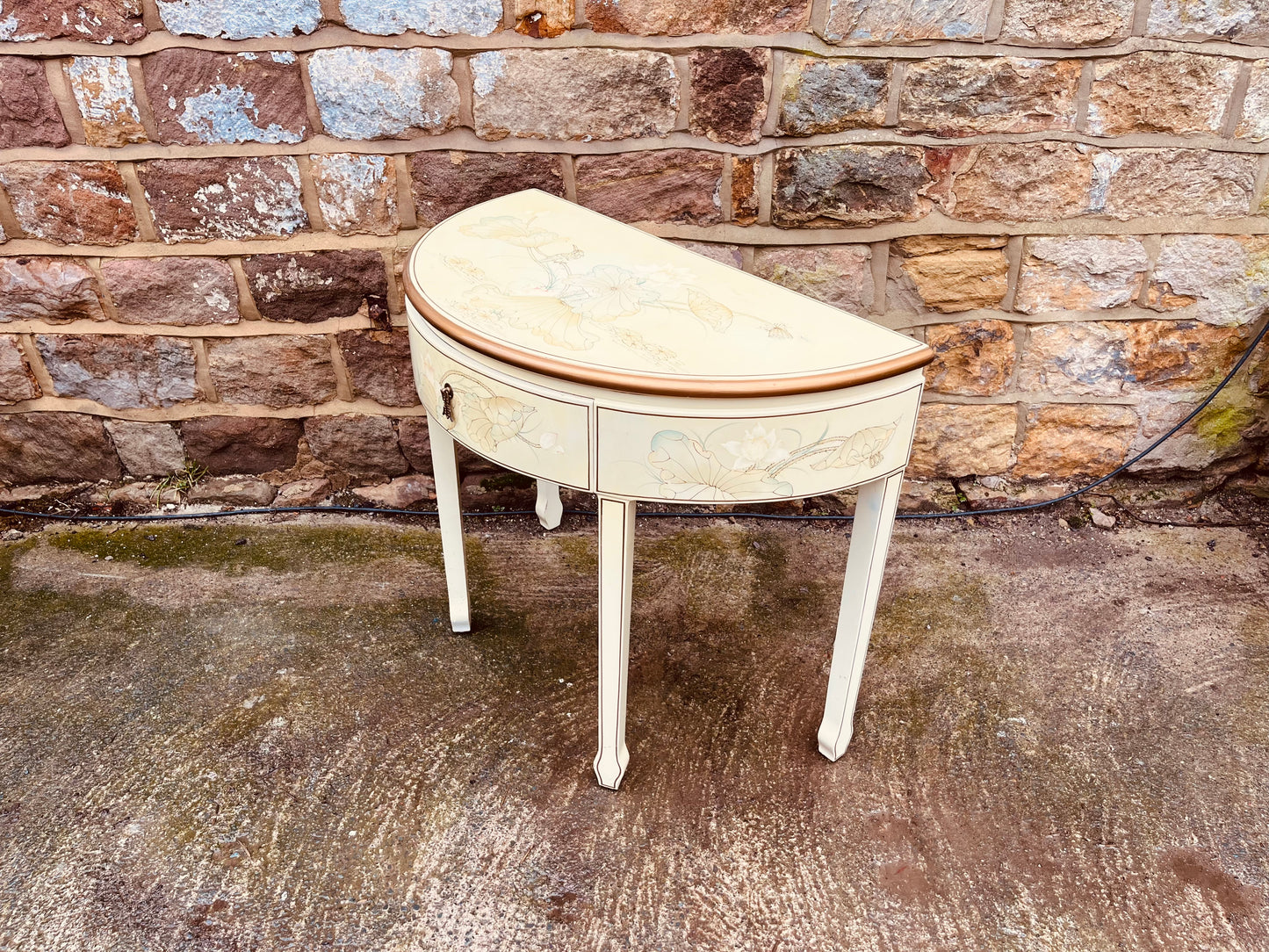 Chinese Lacquer Demi Lune Console Table – Hand Painted Cream Oriental Hall Table