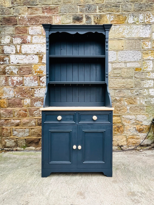 Mid-20th Century Welsh Dresser | Hand-Painted Navy Blue Farmhouse Cupboard with Solid Wood Top