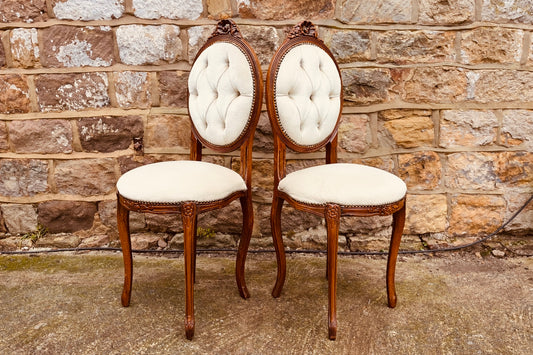 Pair of Louis XVI Style Oval Back Chairs | Carved Wood & Button Tufted Upholstery | Vintage French Style Seating