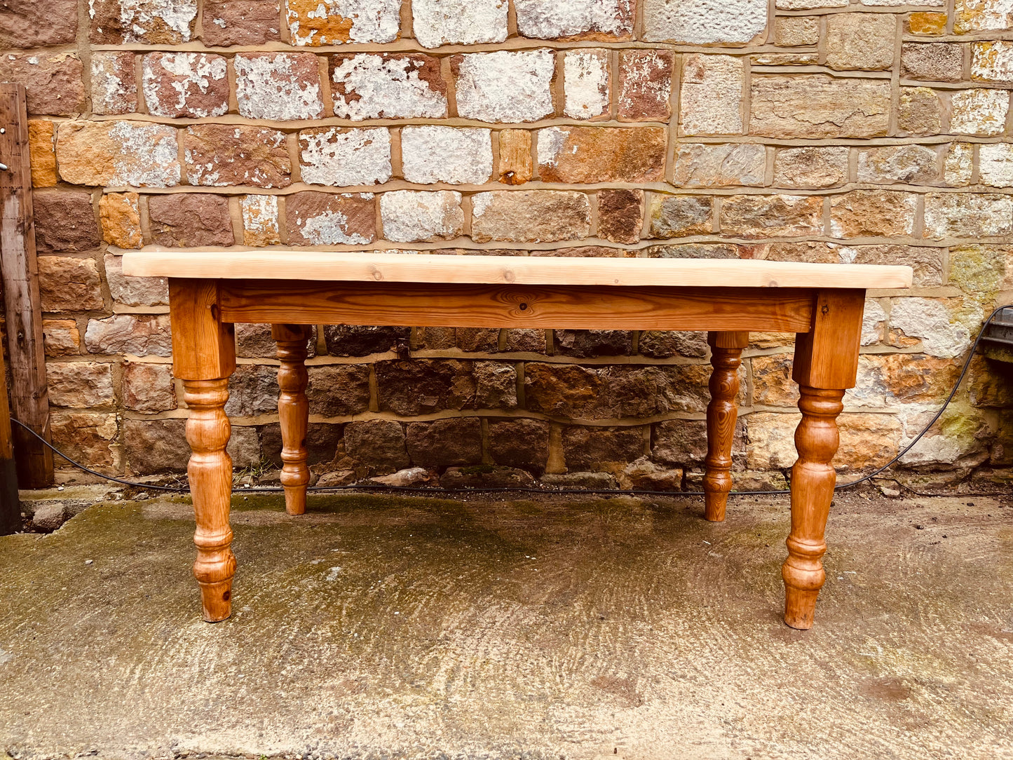 Rustic Solid Pine Farmhouse Dining Table with Natural Sanded Top and Turned Legs