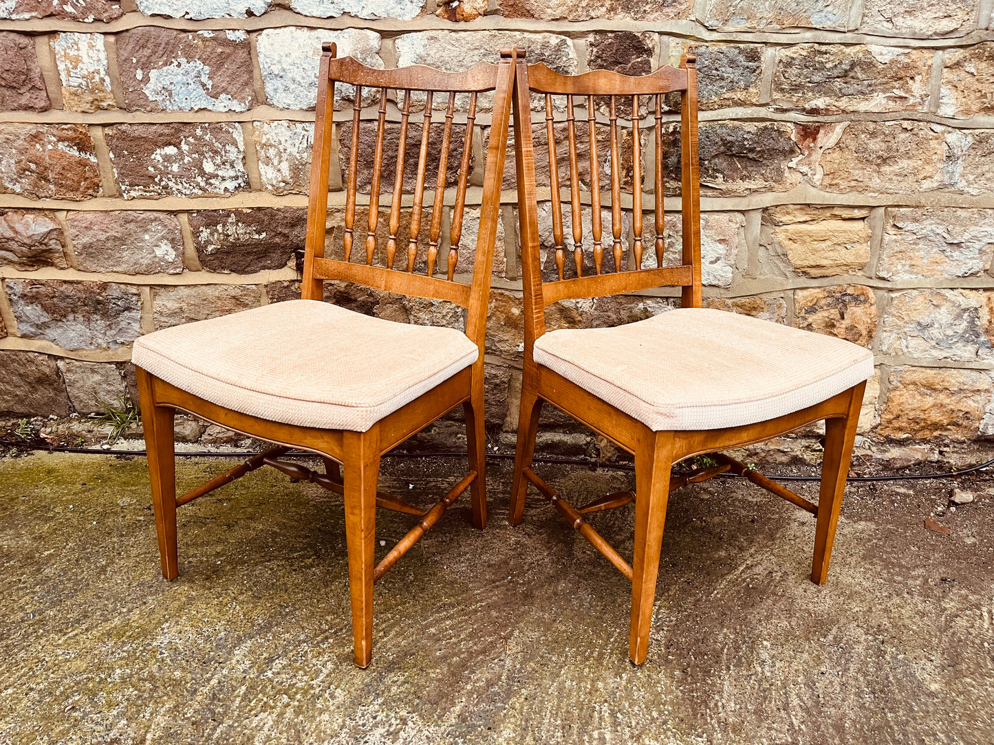 Pair of Vintage Spindle-Back Dining Chairs – Upholstered Seats – Solid Wood Farmhouse Style