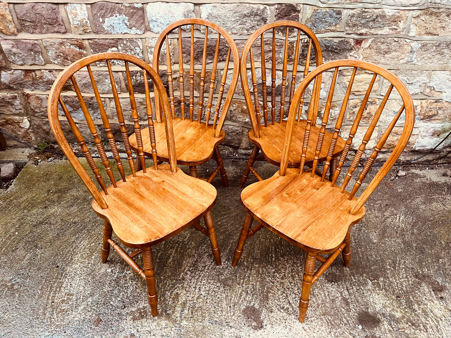 Set of 4 Vintage Spindle Back Farmhouse Dining Chairs – Rustic Wooden Kitchen Seating