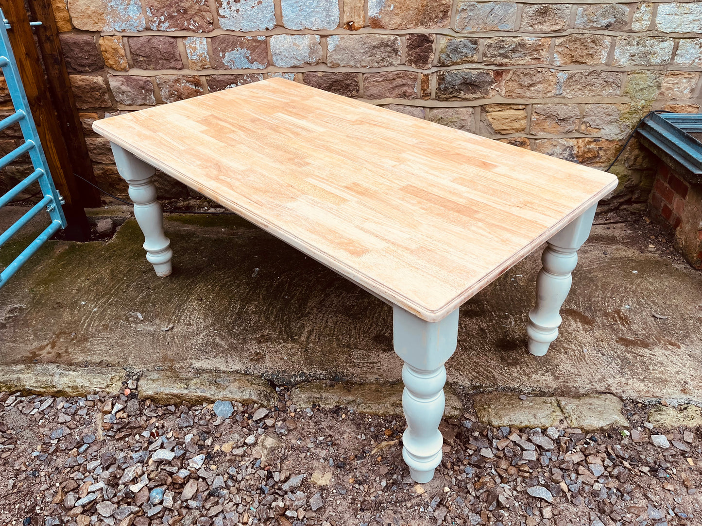 Solid Farmhouse Dining Table with Painted Base & Natural Wood Top