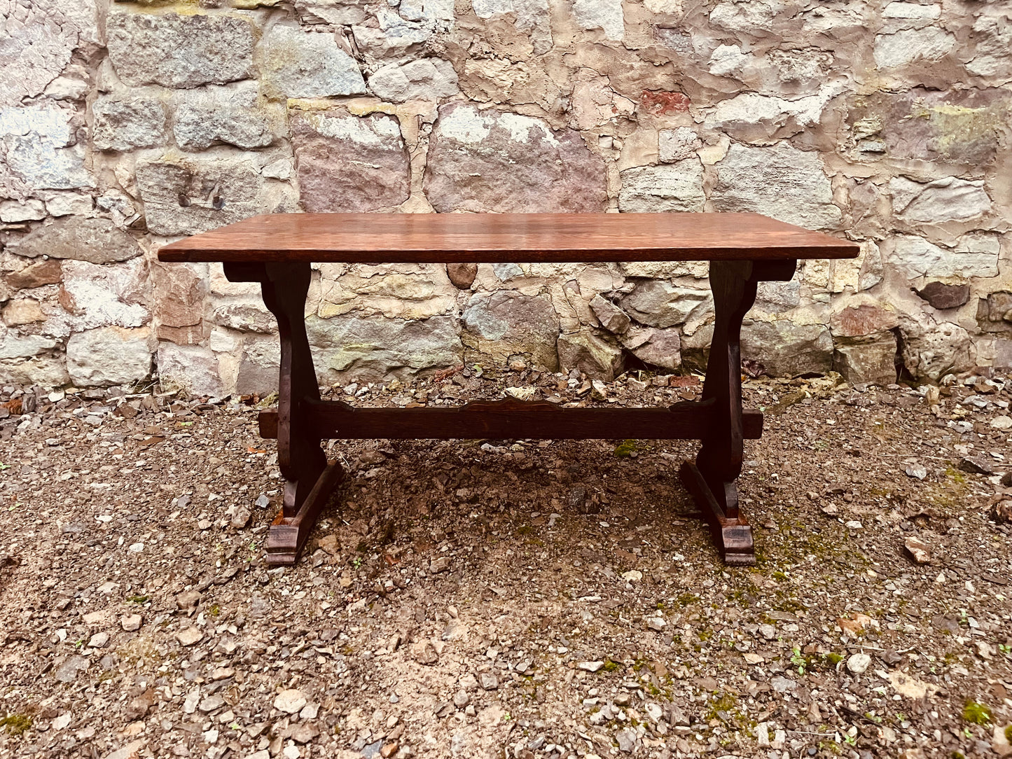 Vintage Solid Oak Trestle Table – Rustic Farmhouse Console