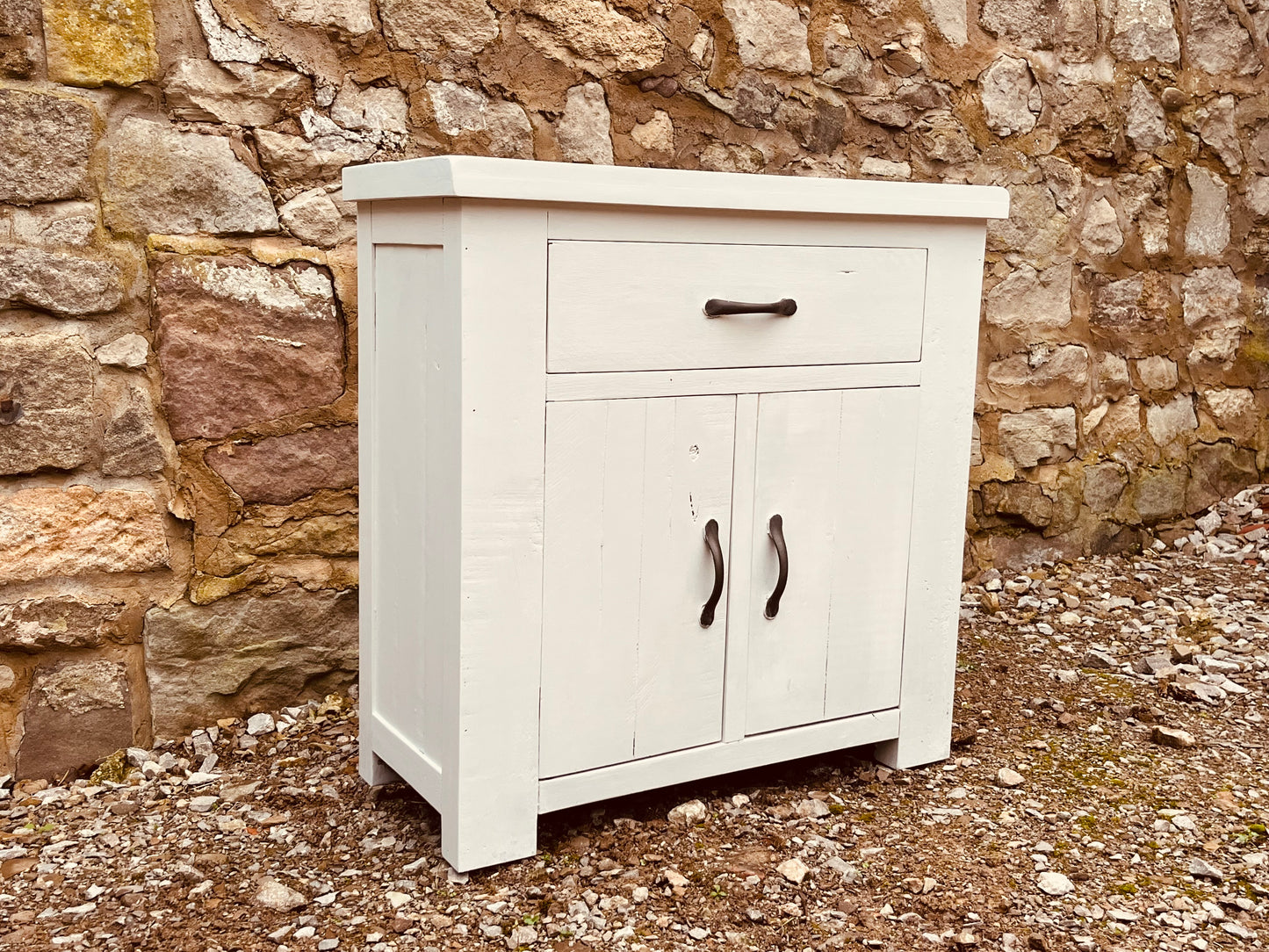 Rustic Cream Painted Solid Wood Cabinet – Farmhouse Cupboard with Drawer
