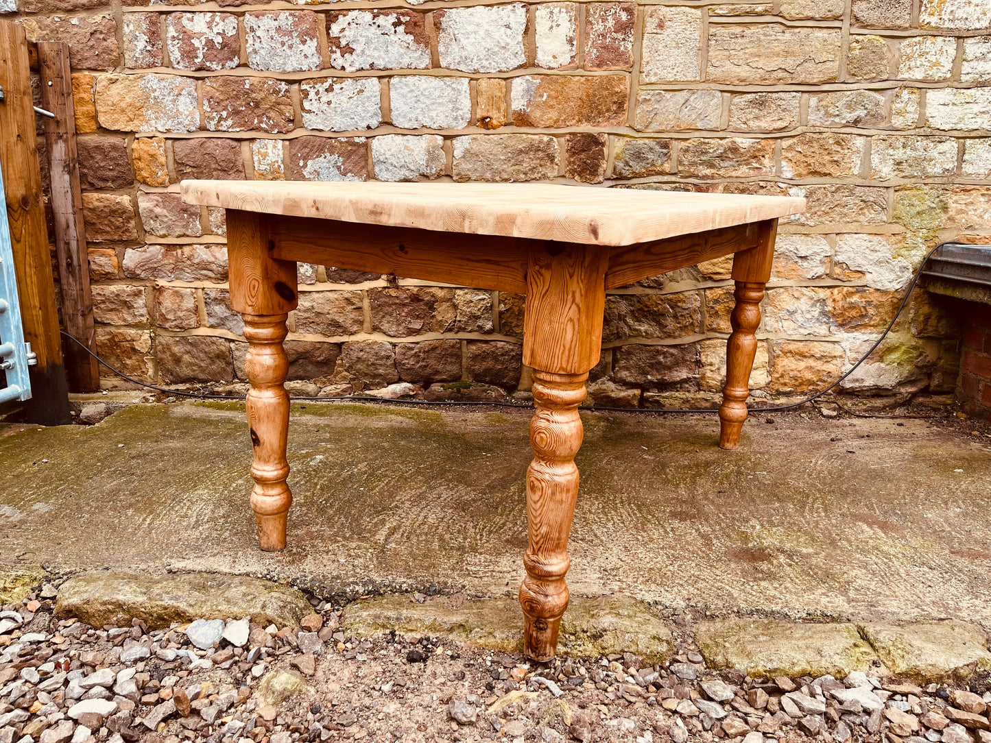 Rustic Solid Pine Farmhouse Dining Table with Natural Sanded Top and Turned Legs