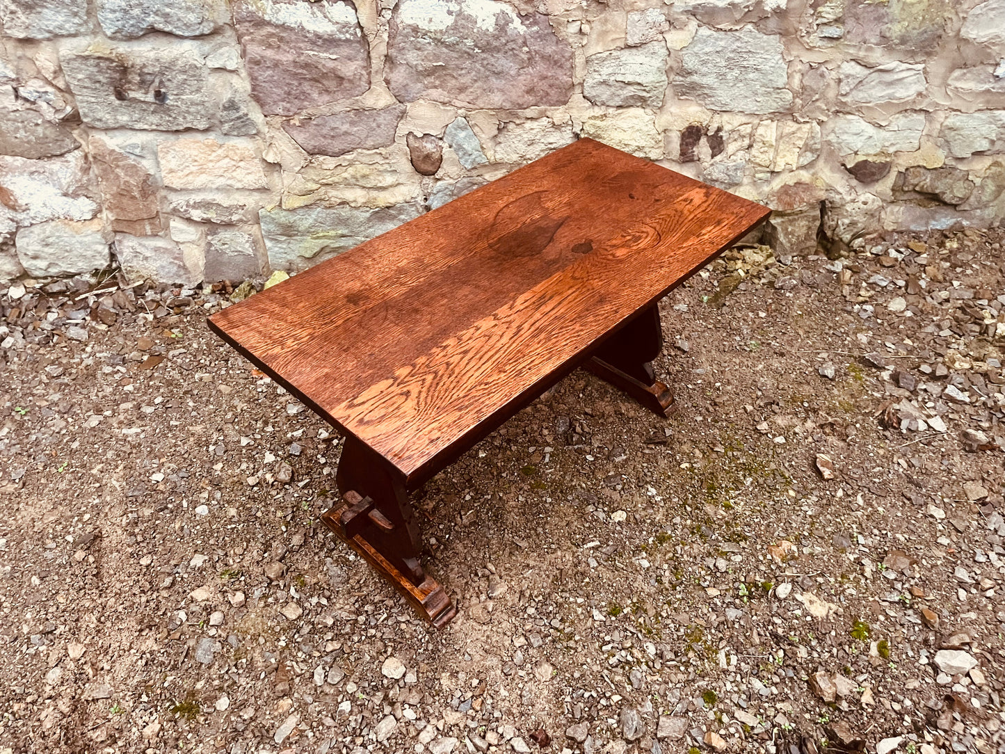 Vintage Solid Oak Trestle Table – Rustic Farmhouse Console