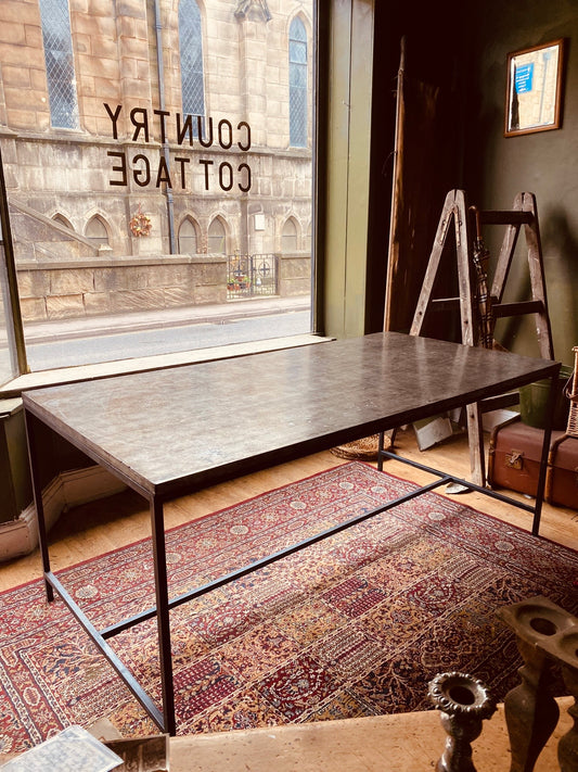 Industrial Metal Dining Table – Vintage Steel Top on Minimal Iron Frame