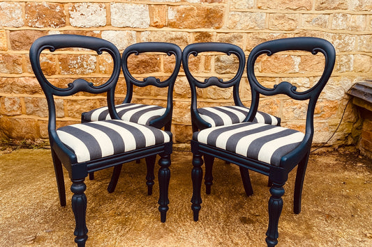 Vintage Balloon Back Dining Chairs (Set of 4) – Black & Monochrome Stripe